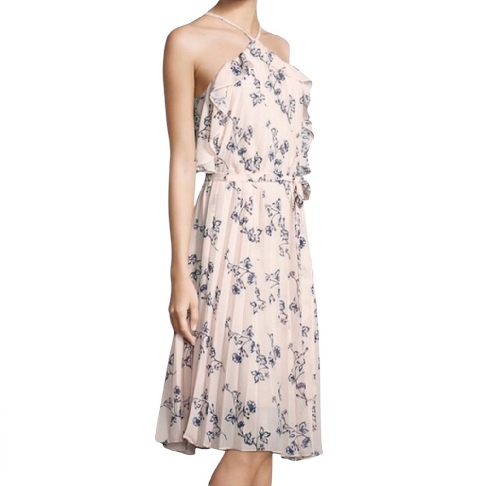 Shoshanna Floral Print Pleated Pink Halter Knee Length Dress